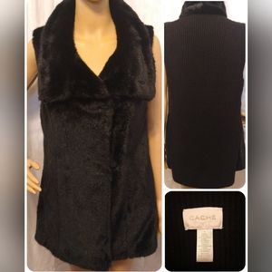 Cache Black Faux Fur Tunic Knit Sweater Vest Women's Size M